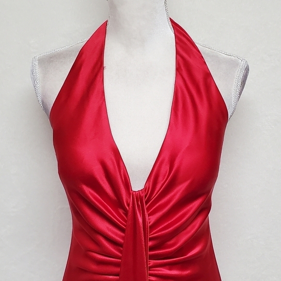 Vintage 90s ABS Evening Red Charmeuse Satin Halter Plunging Neckline Maxi Dress - Picture 5 of 15